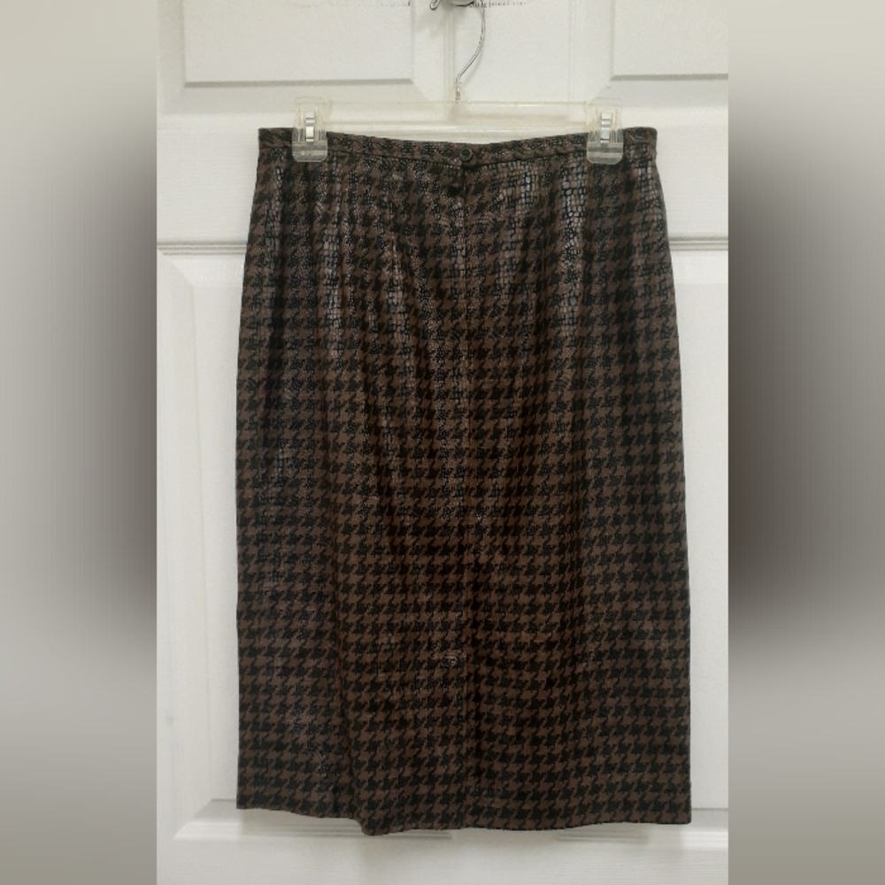 Elegant Brown Black Houndstooth Pencil Skirt